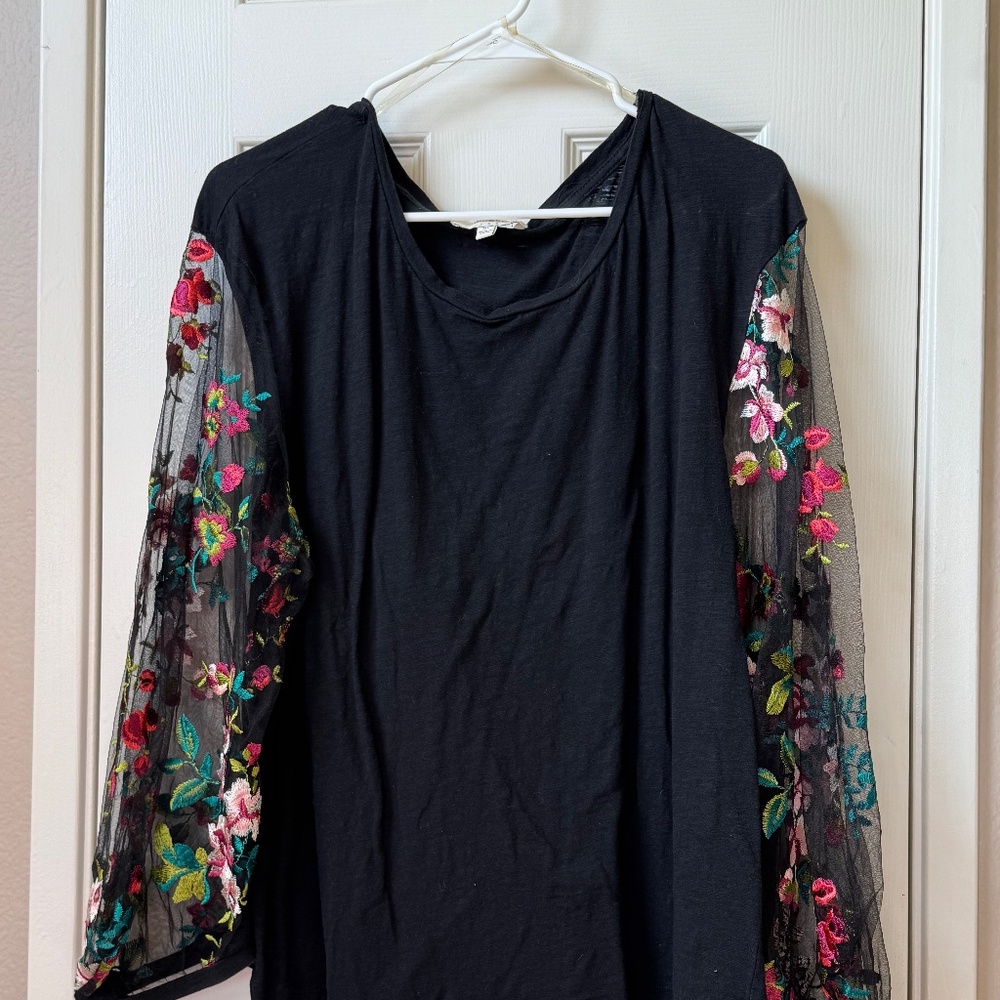 Black Blouse with Floral/Mesh Long Sleeves
